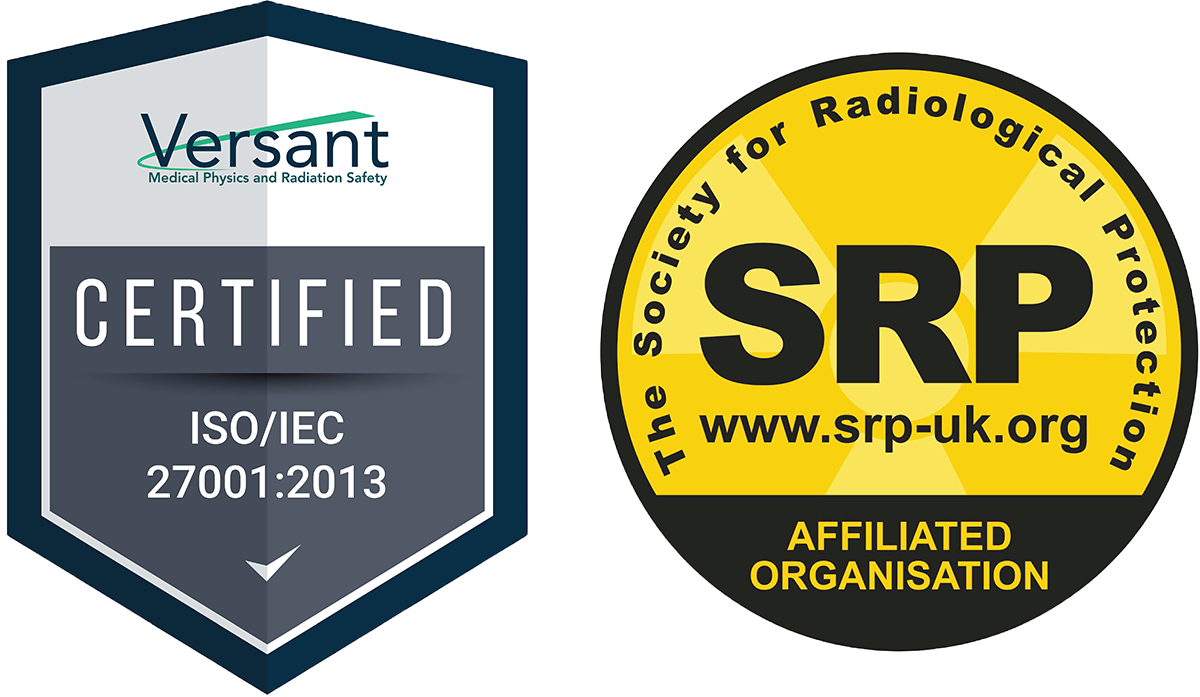 Versant Physics ISO 27001 Certification badge and SRP affiliated organization badge.